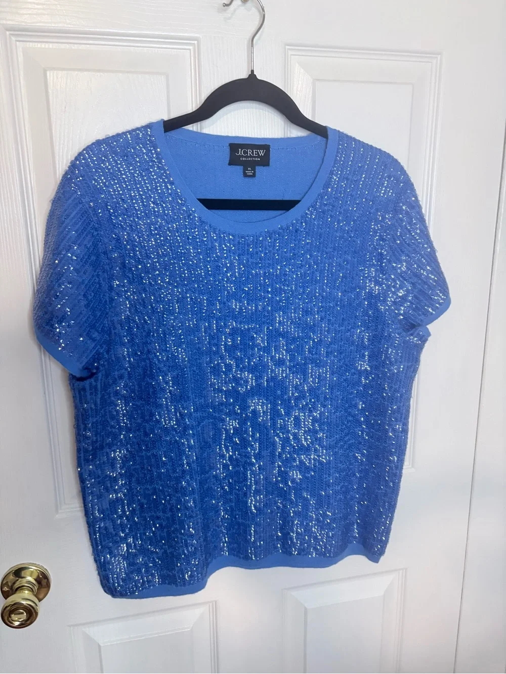 J.Crew Collection Sequin Merino Wool Cap Sleeve Sweater Tee Blue XL
